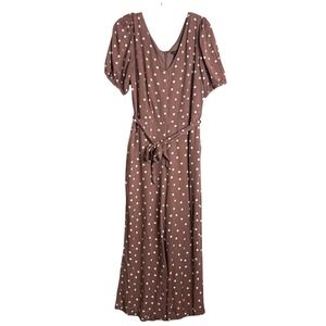 Ann Taylor Factory Wide Leg Jumpsuit Women 12 Brown Polka Dot Puff Sleeve Belted